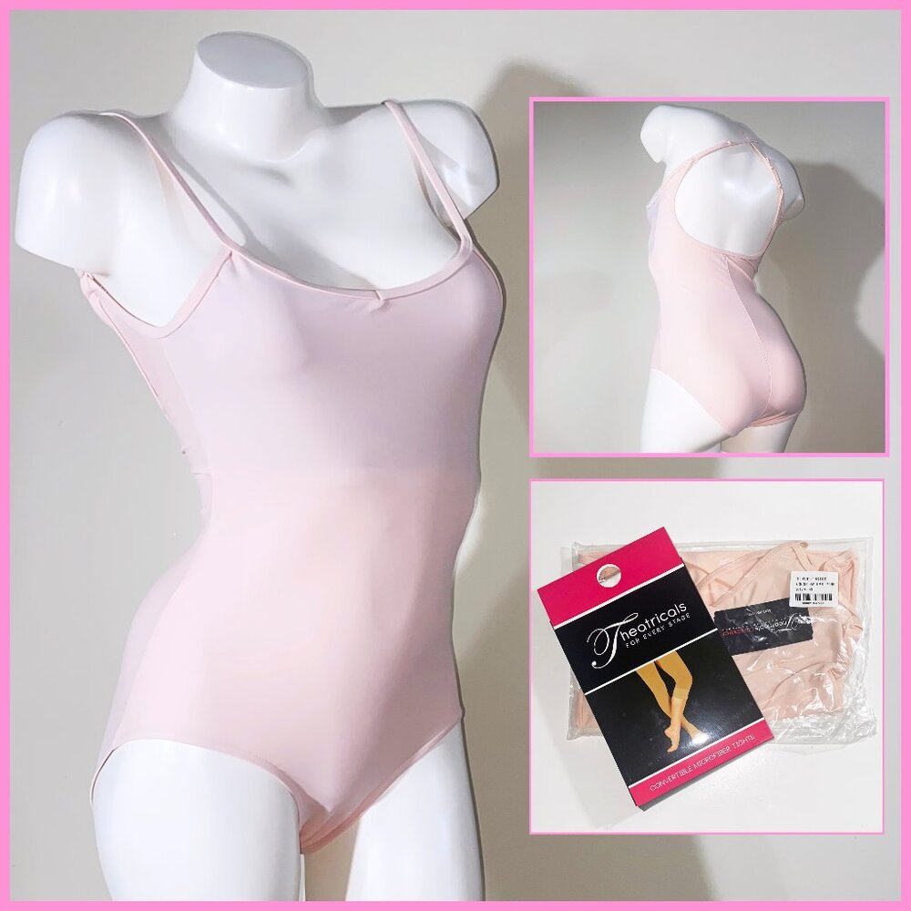 NEW THEATRICALS BUNDLE - XL PINK LOW BACK CAMI LEOTARD & WHITE TRANSITION TIGHTS